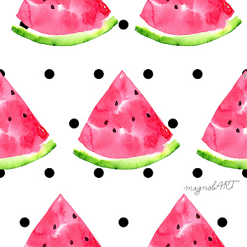 Watermelon slices with black dots - seamless repeat pattern with watercolor elements