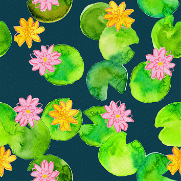 Waterlilies  - seamless repeat pattern with watercolor elements
