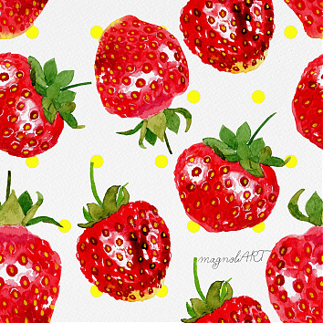 Juicy strawberries  with yellow dots - seamless repeat pattern with watercolor elements