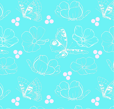 Spring breeze secondary blue BK22-A22 - seamless repeat pattern with hand-drawn butterflies and flowers